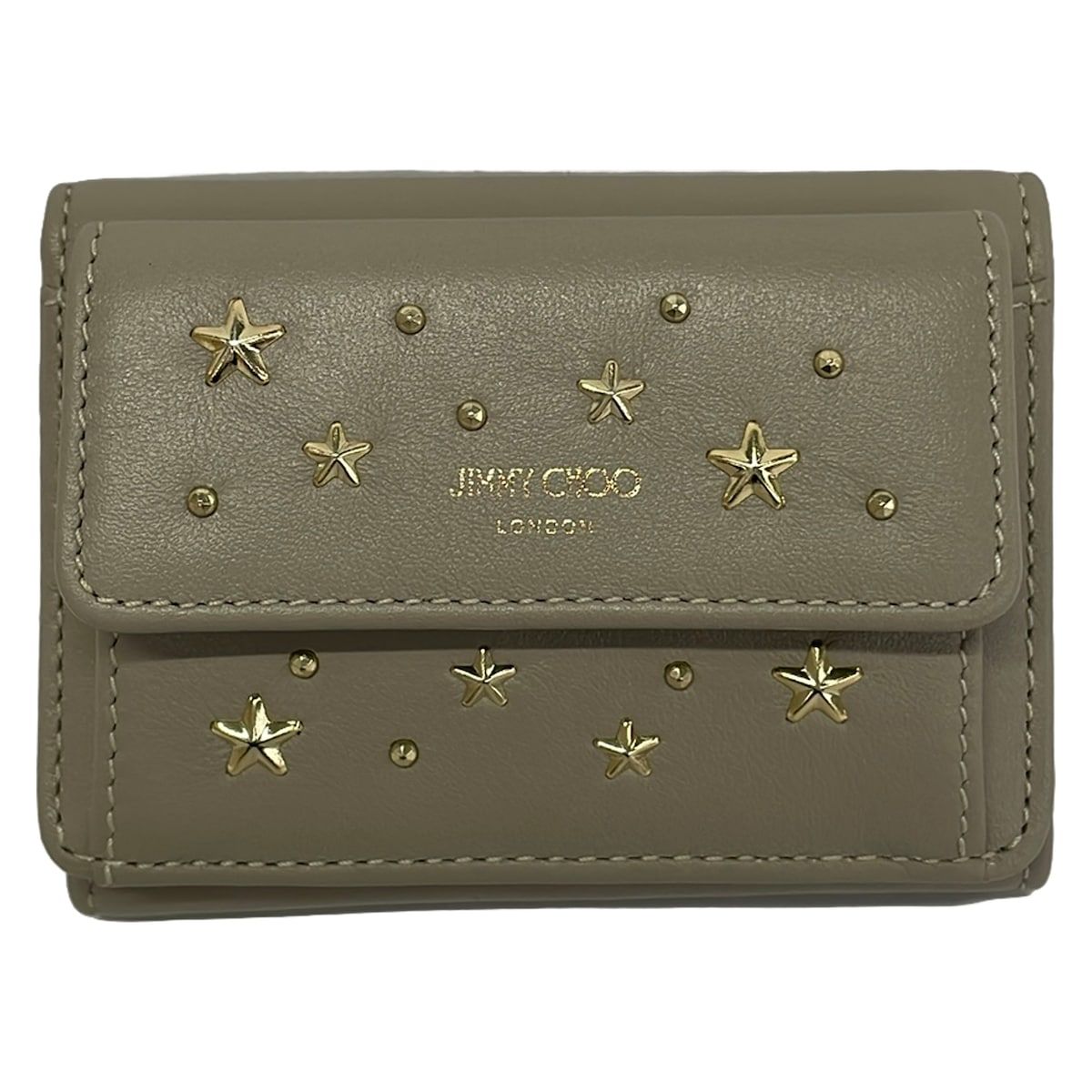 JIMMY CHOO(ジミーチュウ) 3つ折り財布美品 - グレーベージュ×ゴールド スタッズ/スター(星)/ホログラムシールなし レザー