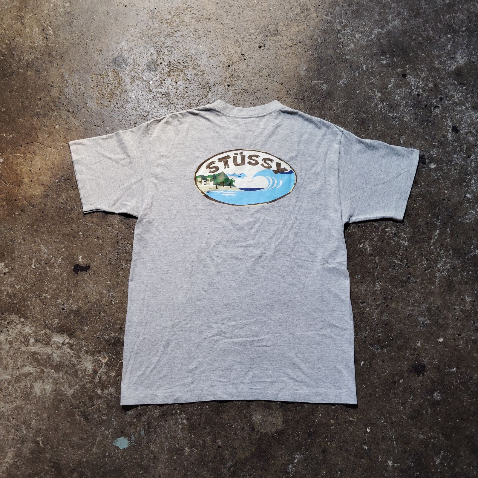 STUSSY 90s グレー USA製 SSリンク 紺タグ バックプリント Tシャツ
