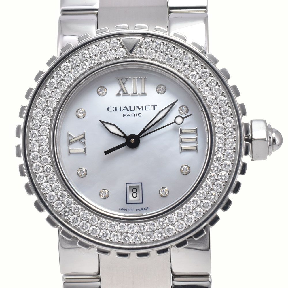 ショーメ Chaumet W06615-094 クラスワン ダイヤモンド デイト ホワイトシェル クォーツ ユニセックス 美品 保証書付き 腕時計 L#148200
