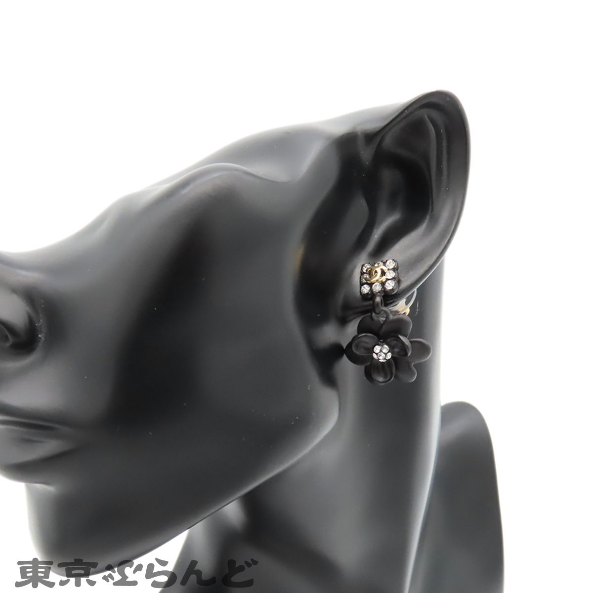シャネル CHANEL ピアス ブラック メタル ラインストーン カメリア