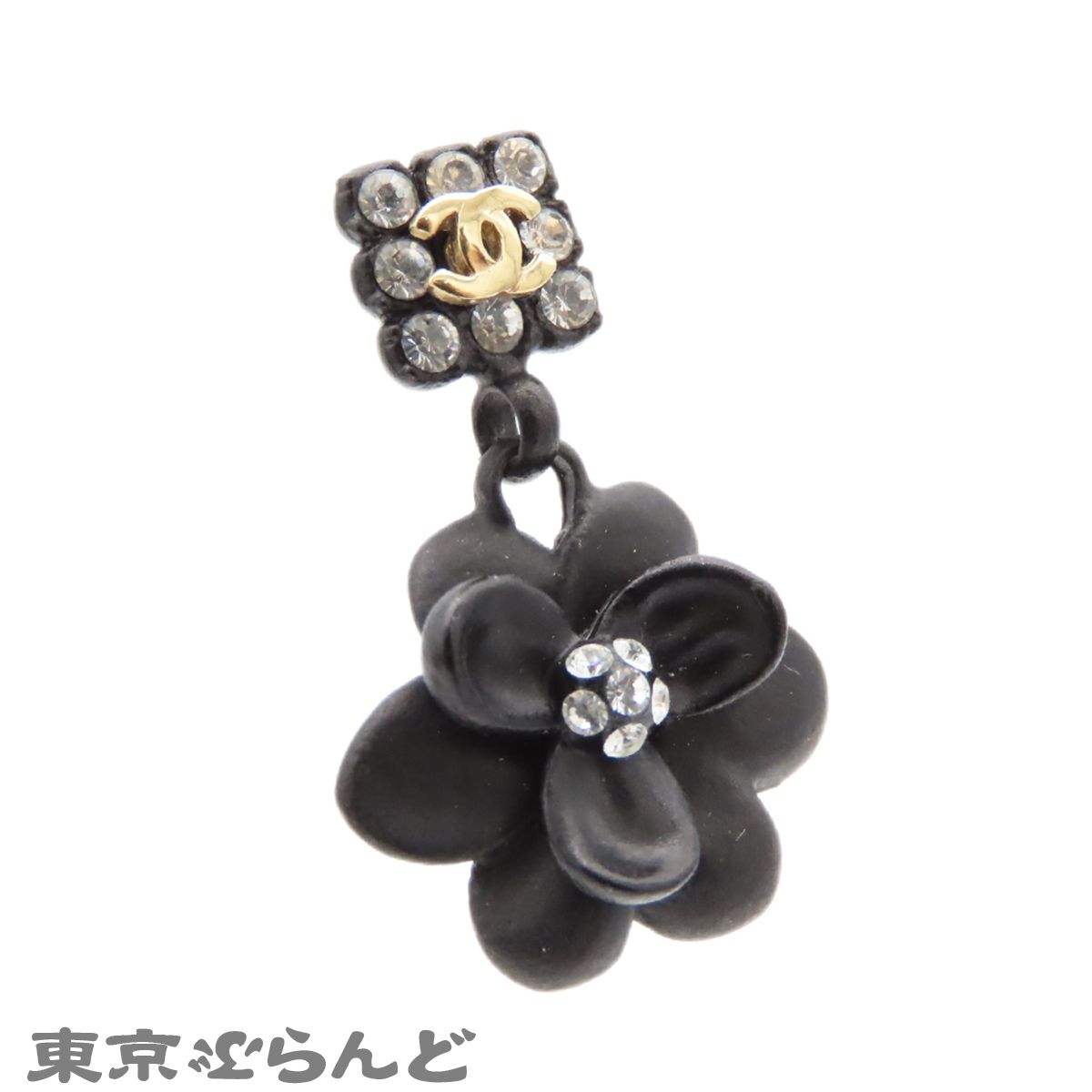 シャネル CHANEL ピアス ブラック メタル ラインストーン カメリア