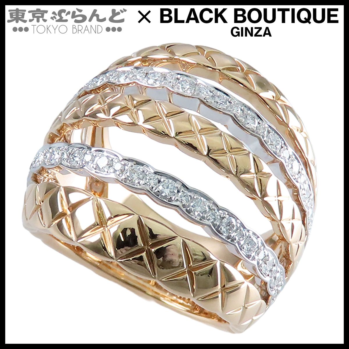 シャネル CHANEL ココクラッシュリング J11335-53 イエローゴールドxホワイトゴールド K18YG K18WG ダイヤモンド 5連 キルティング パヴェ 指輪 #53 12.5号相当 レディース メーカー仕上済 101843235