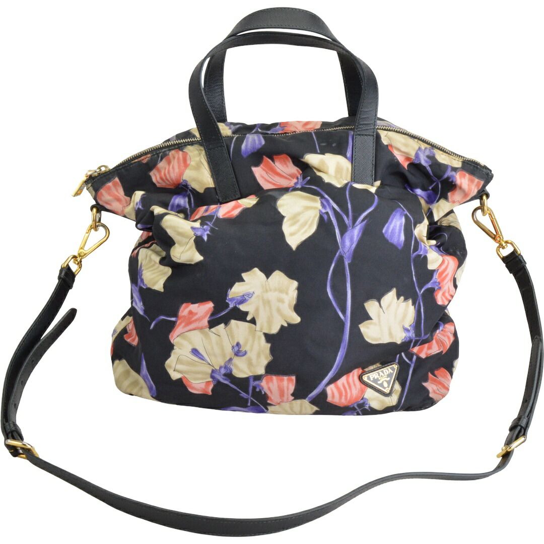 プラダ PRADA 2WAY トート ショルダーバッグ 花柄 三角プレート ブラック レディース F-B6947