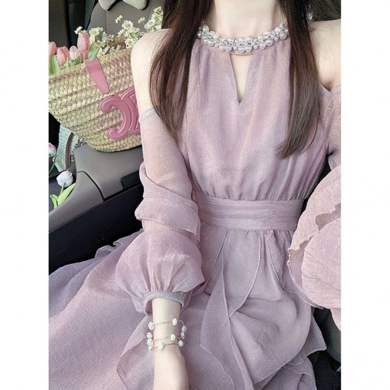 【送料無料】フレンチ 優しい ウエスト細見え カラー ワンピース 高級感 初恋少女 甘い パープル 長袖 夏 レディース 可憐なパープルと優しいシルエットが初恋のようなときめきを与える、夏のフェミニンワンピース