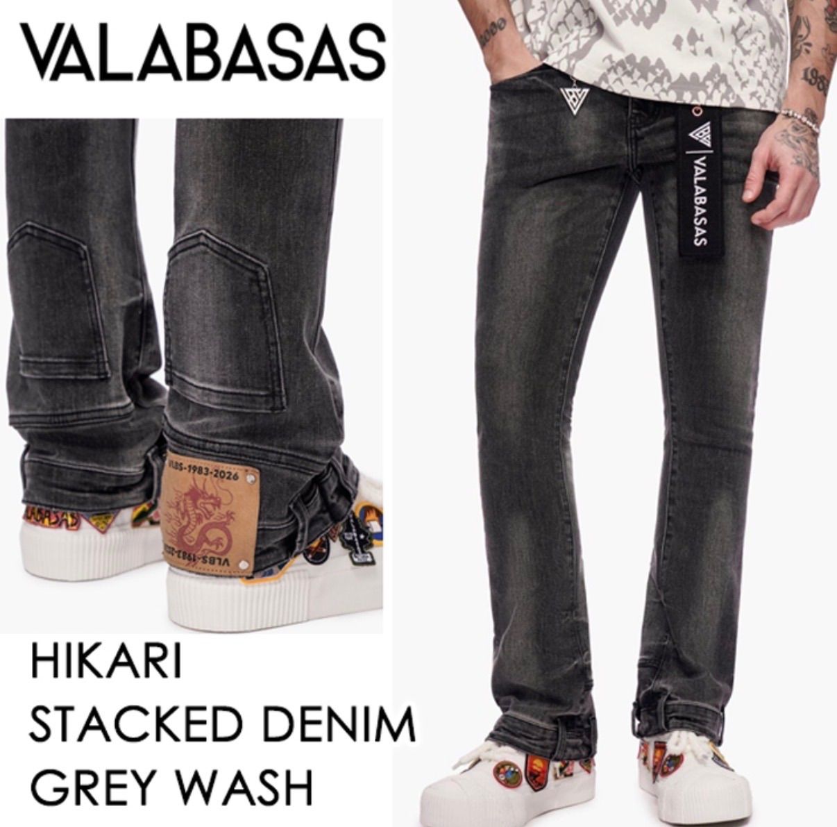 【26SS】【最新作】【 本国現地価格 】VALABASAS STCKED DENIM【GREY WASH】【グレーウォッシュ】 【シルバーロゴキーホルダー付き】 【スキニーフレア】【前ブランドロゴ吊り下げタグ】