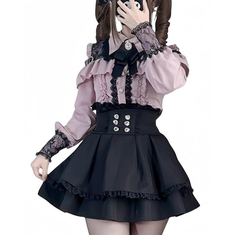 【新品】 [BIIYUHN] 地雷系 オープンショルダー ワンピース セットアップ レディース 3点セット 長袖 セットアップ ハートバックル レース フリル リボン かわいい 服 フレンチ ガーリー系 おしゃれ ファッション ブラウス スカート 春 夏 秋