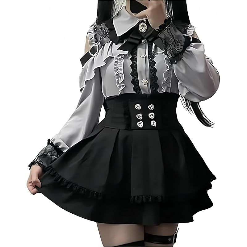 【新品】 [BIIYUHN] 地雷系 オープンショルダー ワンピース セットアップ レディース 3点セット 長袖 セットアップ ハートバックル レース フリル リボン かわいい 服 フレンチ ガーリー系 おしゃれ ファッション ブラウス スカート 春 夏 秋
