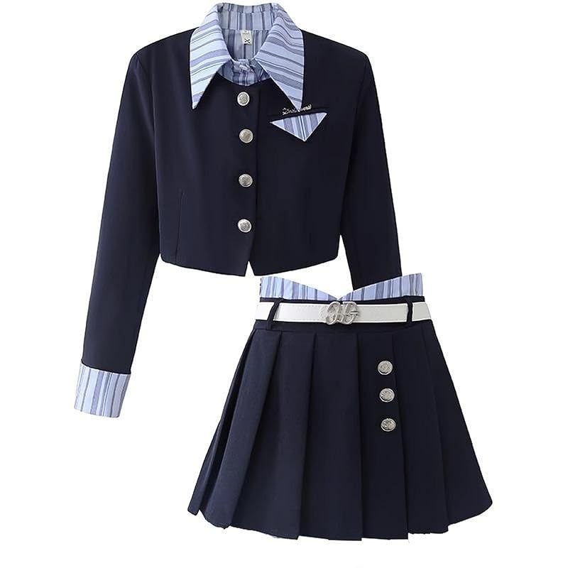 【新品】 [株式会社豊作] 制服 スクール ブレザー JK制服 セーラー服 女子高生 ロリータ ゴスロリ スクールシャケット 上下 2点セット 長袖 プリーツスカート レディース (黒紺, L)
