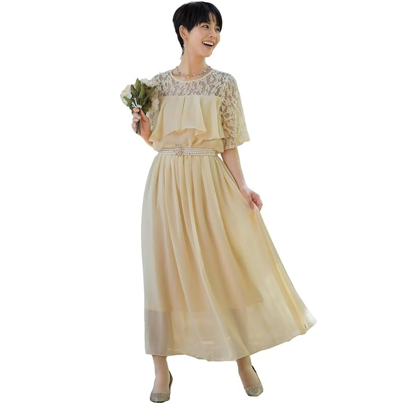 【新品】 [MORE AUNI] パーティー ドレス 結婚式 レース 切替 胸元 フリル ロングドレス ワンピース 2次会 1.5次会 お呼ばれ サマー ウィンター スプリング オータム 大きいサイズ ボディコン ニット 切り替え フレア M ドレス 発表 会
