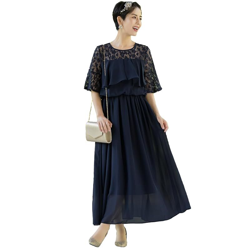 【新品】 [MORE AUNI] パーティー ドレス 結婚式 レース 切替 胸元 フリル ロングドレス ワンピース 2次会 1.5次会 お呼ばれ J327012 (NVY LL)