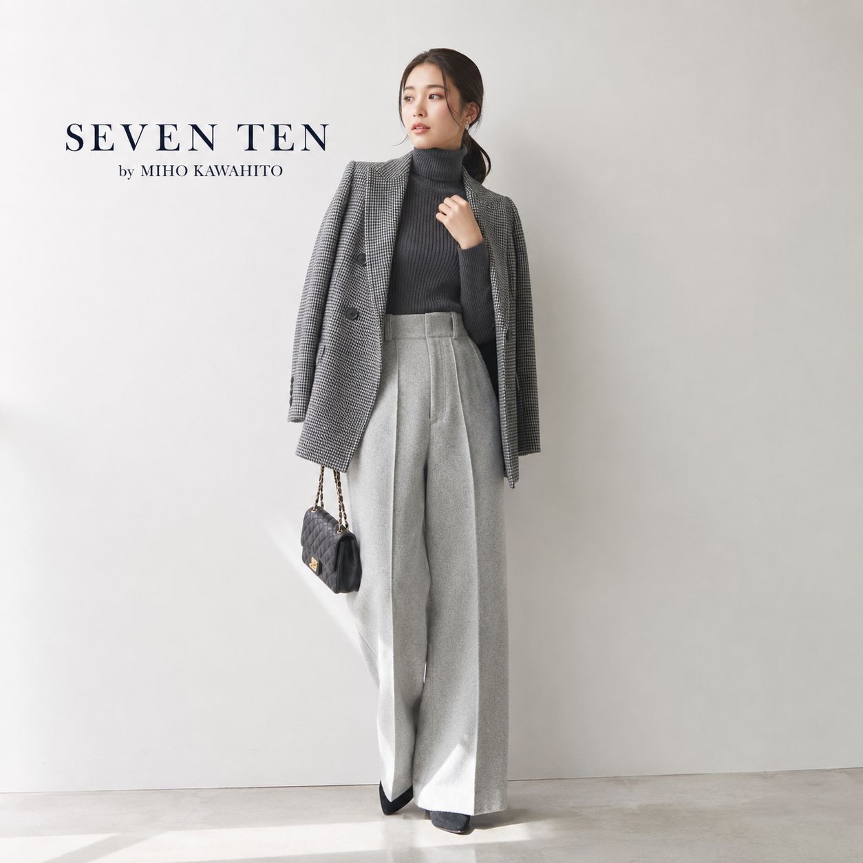 【極美品 】SEVEN TEN by MIHO KAWAHITO / セブンテンバイミホ カワヒト ハイウエスト ウール パンツ S グレー センターピンタック 凸凹のある起毛 脚長効果 スタイルアップ効果 抜群 女子会 通勤