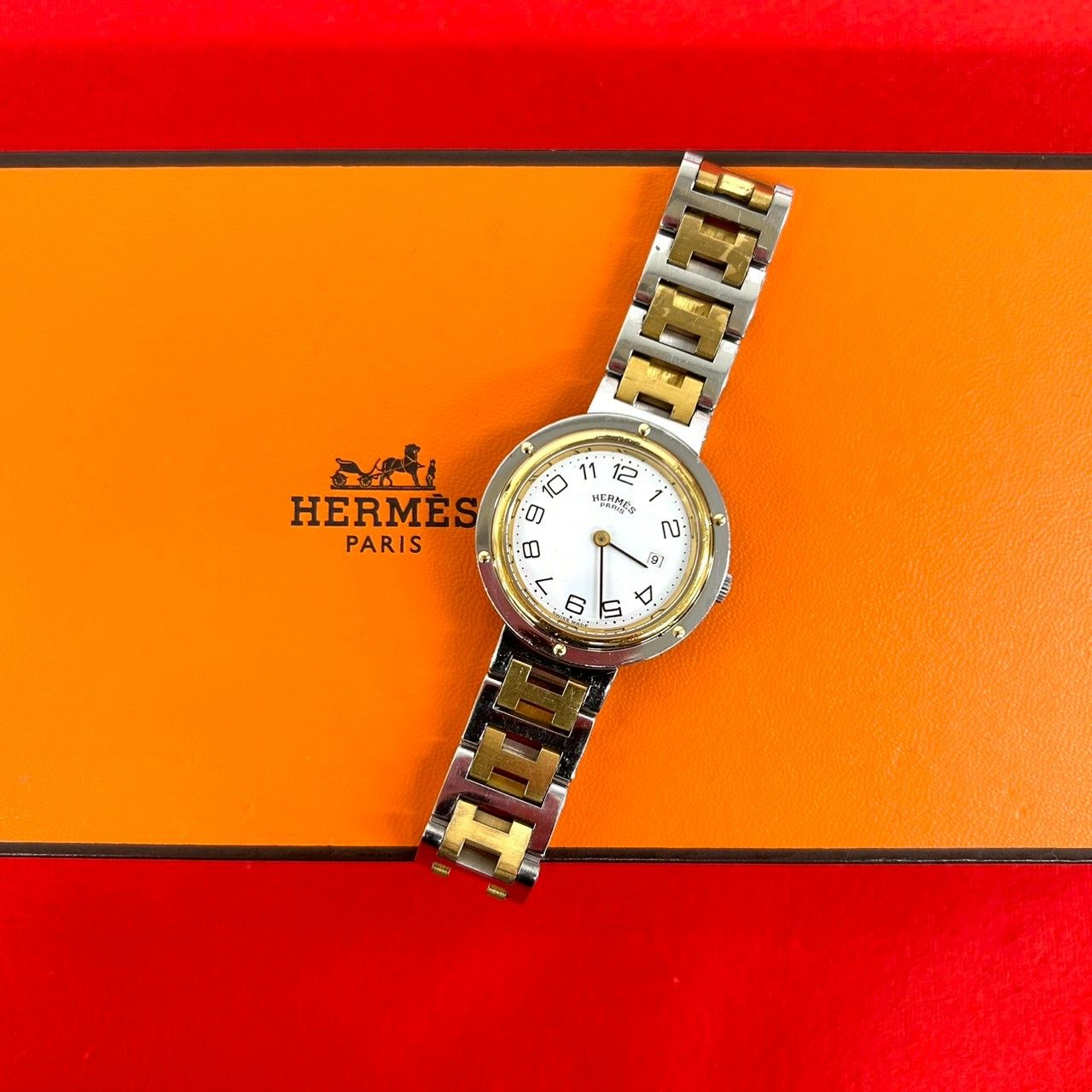 稼働品 極 美品 箱付き HERMES エルメス クリッパー ステンレス クォーツ 腕時計 リストウォッチ シルバー ゴールド 32069