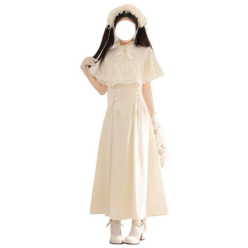 【新品】 [Yuzella] 清楚系 ケープ風 ワンピース レディース ロング丈 ノースリーブ レースアップ フリル 取り外し可能 リボン付き ゆめかわいい 大人 可愛い エレガント フレンチ ガーリー系 ロリータ系 お嬢様 量産型 ファッション 服 夏 ベー