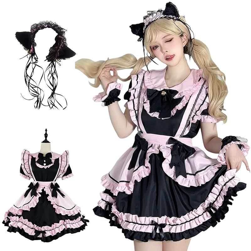【新品】 [神併良品] メイド服 大きいサイズ ゴスロリ ウェイトレス コスプレ 衣装 フリル ロリータ 耳付きカチューシャ付き コスチュームセット 清楚 可憐 萌え レディース ドレス 喫茶店 遊園地 学園祭 半袖 ブラック ピンク（5XL）