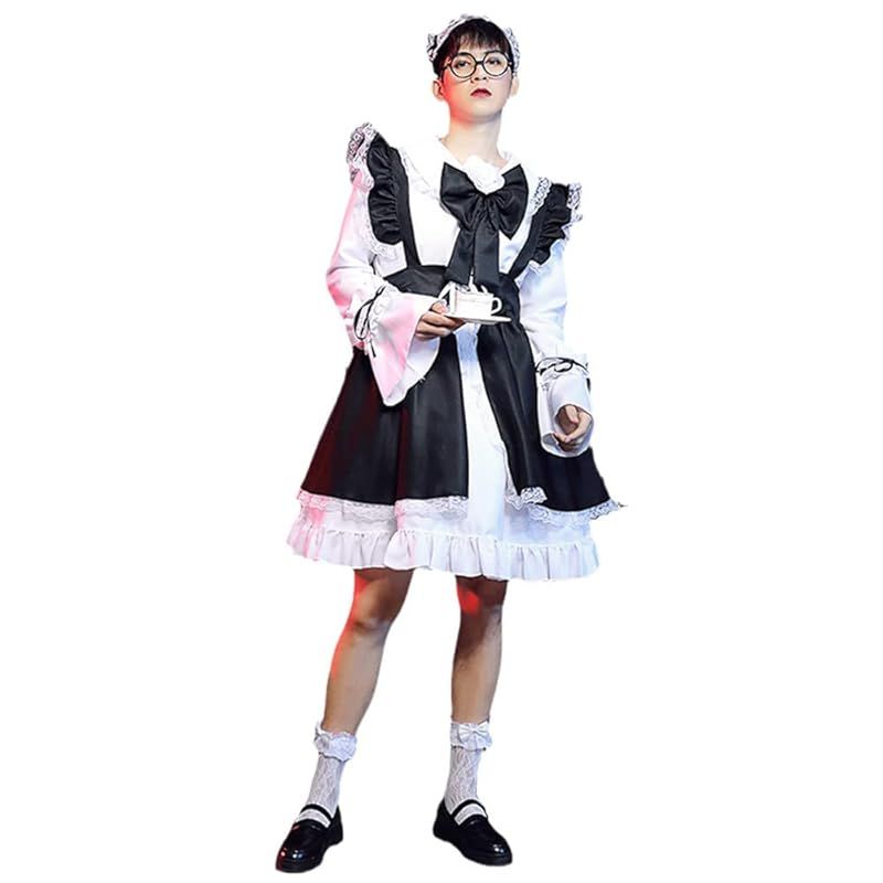 【新品】 [YUEEI] メイド服 メンズ 男性向け ブラック レッド コスプレ ハロウィン 仮装 ワンピース 長袖 可愛い パーティー イベント 撮影 女装 演出服 レース靴下付き 6点セット (XL, ブラック)