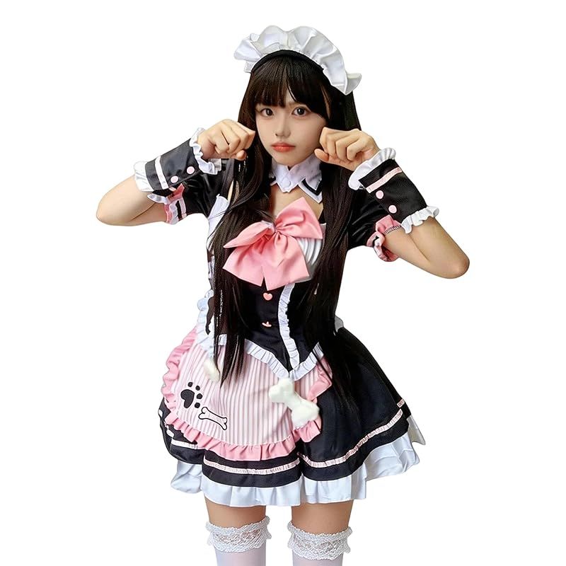【新品】 [OMZIN] コスプレ メイド服 ゴスロリ 初学者 セット 衣装 女装 メイド服 ワンピース エプロン カチューシャ ロリータ 演出服 ハロウィン 仮装 ブラックピンク 2XL