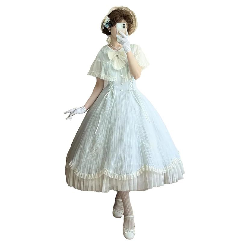 【新品】 [ＸＨＳＵＫＡＤＯ] ロリータ ワンピース レディース ケープ チュール ロング リボン レース レースアップ フリル ゴスロリ ふわふわ ゆめかわいい ドレス 洋服 皇子系ロリータ 森ガール 姫様 Lolita アイドル 衣装 女装 春 夏 秋 冬