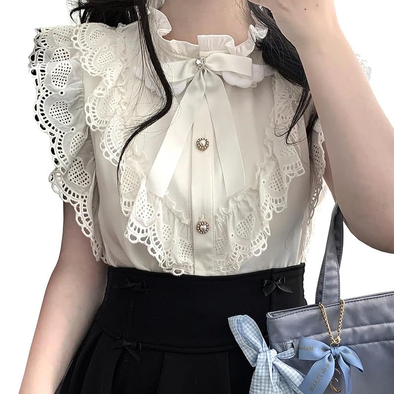 【新品】 [YEMOCILE] シャツ レディース 地雷系 レース 量産型 ロリータ ブラウス トップス ノースリーブ Jk制服 フリル 可愛い おしゃれ 原宿系 着痩せ カジュアル 通勤 デート 薄手 ゆったり 春夏秋
