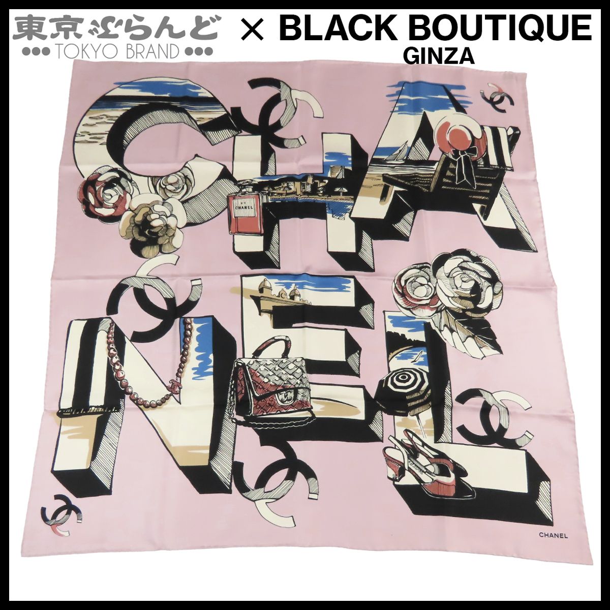 CHANEL シルク スカーフ ブラック ピンク シャネル CHANEL スカーフ ピンクxブラックxマルチカラー シルク