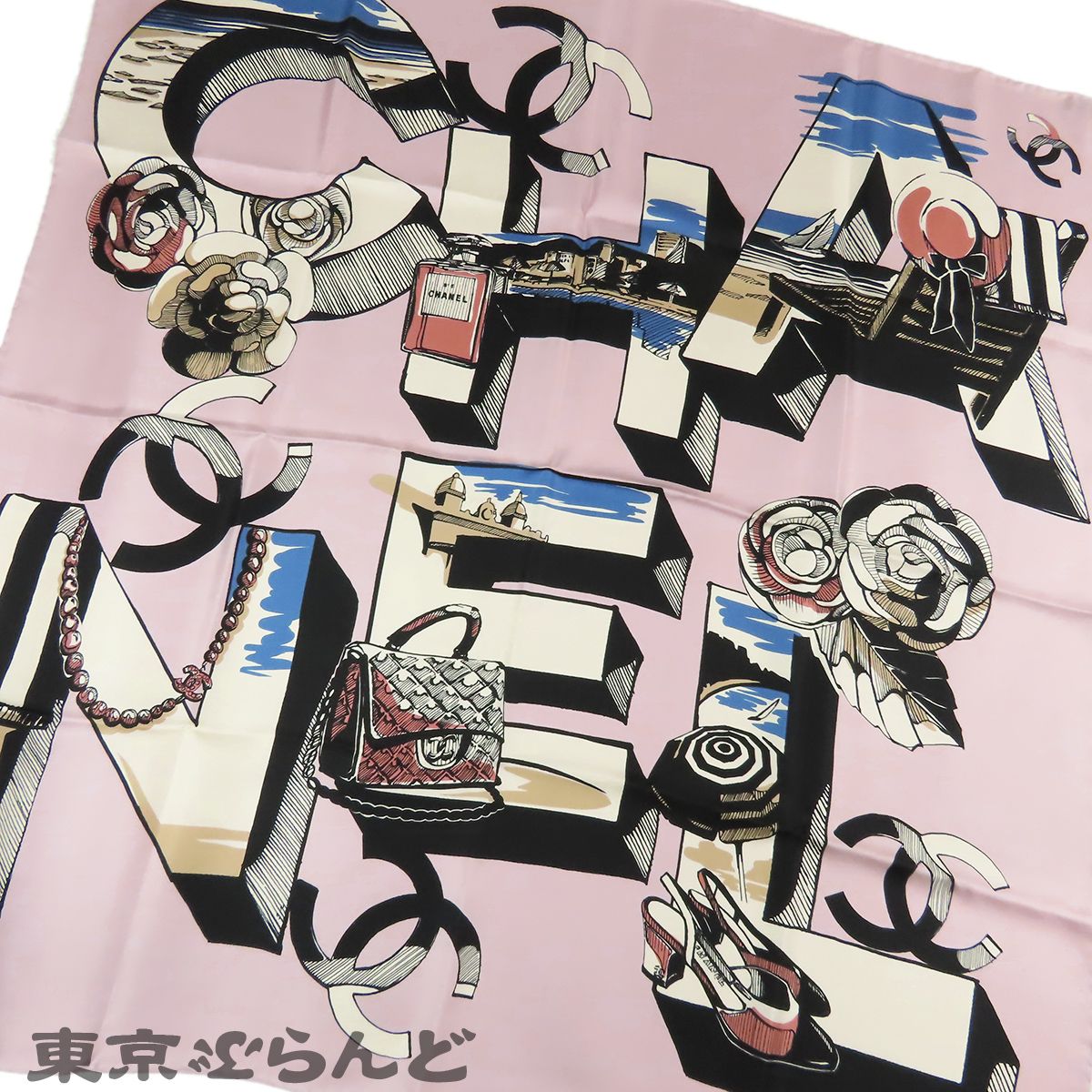 シャネル CHANEL スカーフ ピンクxブラックxマルチカラー シルク
