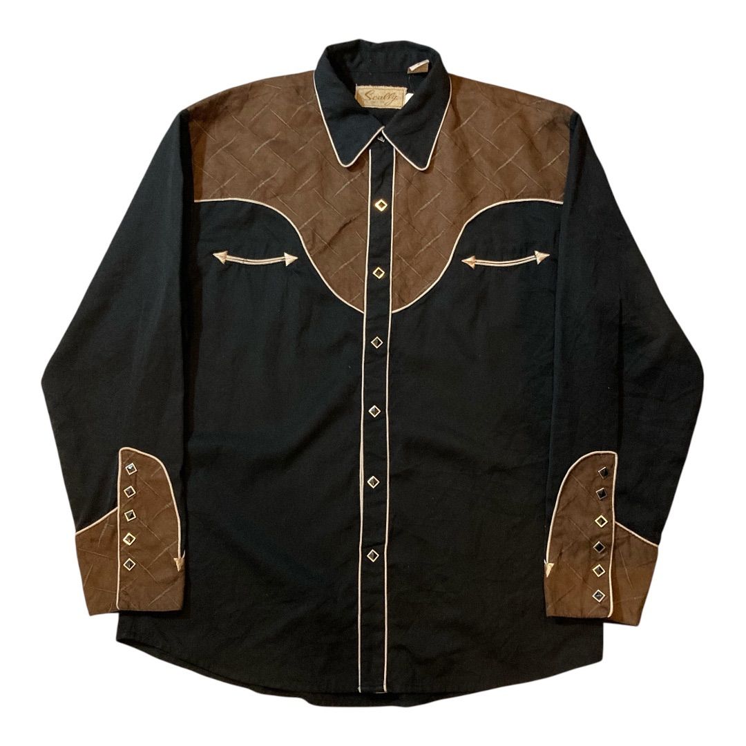 Scully Western Wear Black Brown Snap Button Shirt Men’s M Rockabilly/ スカリー レザー切り替え ウエスタンシャツ　レーヨン ポリエステル サイズM　【F519】