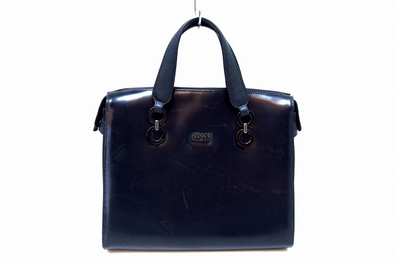 【219618】ARMANI COLLEZIONI アルマーニ コレッツォーニ レザー ハンドバッグ ネイビー