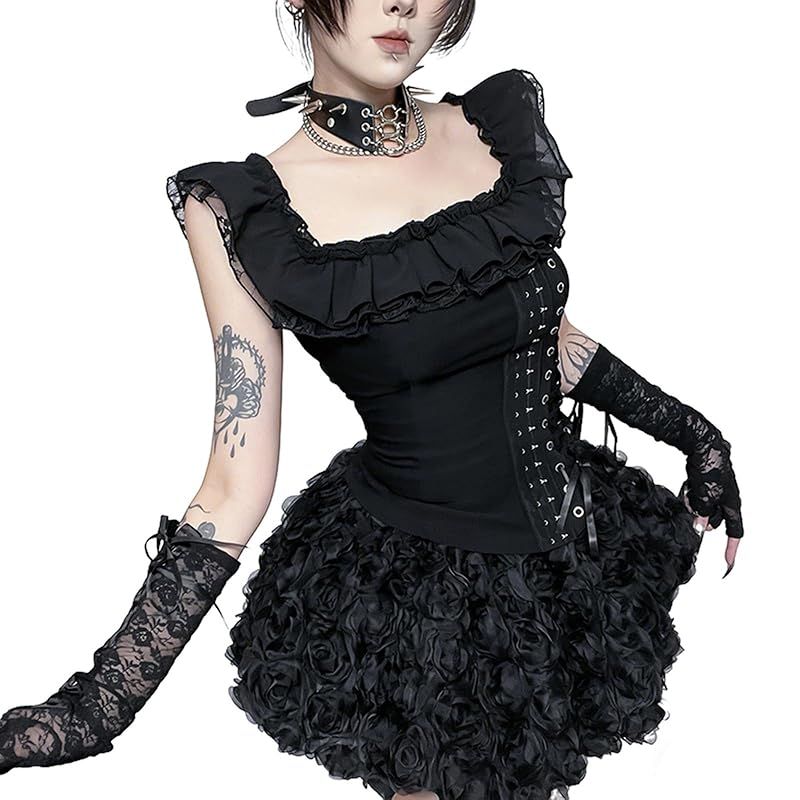 【新品】 [KLGIRL] ゴスロリ ワンピース ロリータ ゴシック 黒 ミニスカート サブカル系 バラ柄 甘ロリ 姫 お嬢様 アイドル衣装 セットアップ ハロウィン コスプレ JSK 暗黒系 原宿系 コスチューム 仮装 舞台衣装 パーティー イベント ライブ