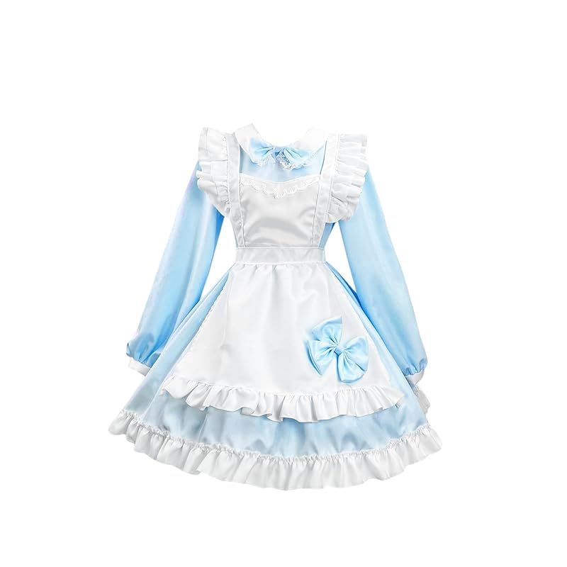 【新品】 EIDEFE ロリータ メイド服 定番 ショート丈 レディース エプロン カチューシャ 変装 制服 大きいサイズ 萌え 文化祭 学園祭 イベント パーティー 姫洋服 コスチューム ブルー L