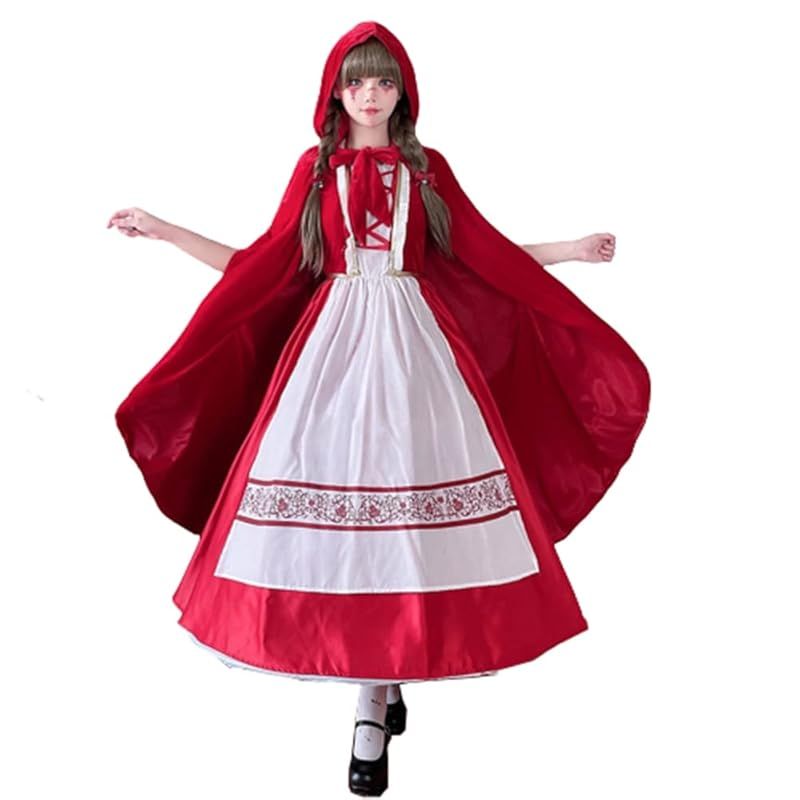 【新品】 [ロングペン] ロリータワンピース 赤ずきん マント レディース 大人 レッド アリス ハロウィン メイド服 ゴシック コスプレ ロマンティック クリスマス パーディー 魔女服 仮装 ゴスロリ リボン 女装 洋服セットカチューシャ 可愛い 演出服 A