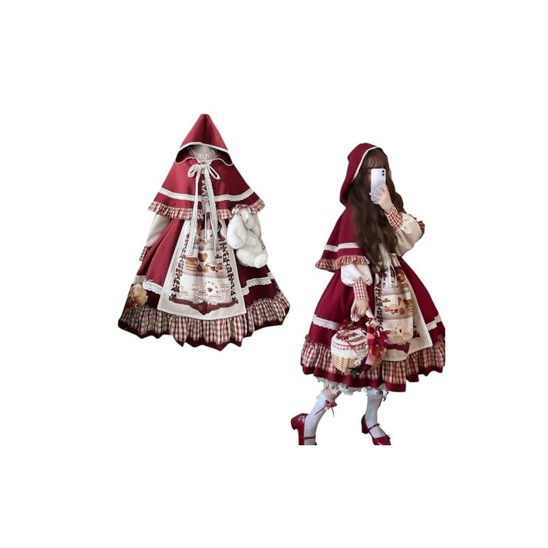 【新品】 [CR ROLECOS] ロリータ ワンピース 赤ずきん コスプレ レディース ドレス服 可愛い 長袖 フリル 写真用 ハロウィン 大人 赤ずきんちゃん コスプレ衣装 赤 レッド Lolita（ケープ付き、M）