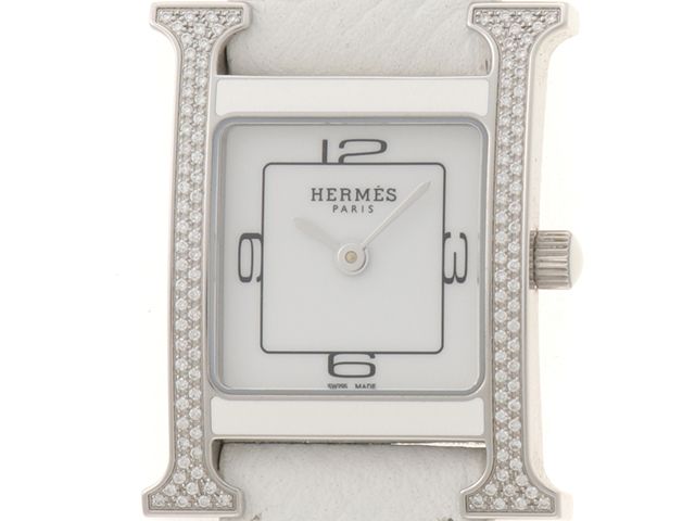 HERMES エルメス ウォッチ Hウォッチ Dベゼル 時計 HH1.232 ステンレススチール 牛革 ダイヤモンド ホワイト クオーツ 2148104128539【中古】200