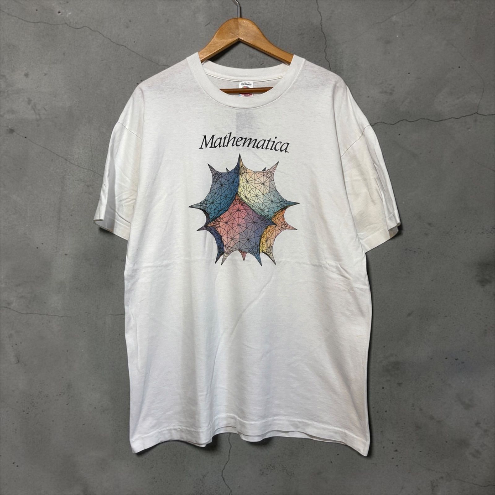 USA製 90s Mathematica S/S Tee XL 白 マセマティカ 多面体 幾何学図形 数学ソフトウェア プリント 半袖Tシャツ 企業 古着