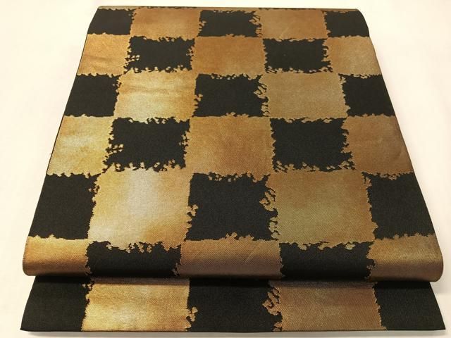 平和屋着物●全通柄　本袋帯　市松文様　黒地　金彩　正絹　逸品　CABI4346vp