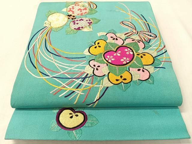 平和屋着物●アンティーク　大正ロマン　太鼓柄袋帯　総刺繍　束ね花文　金糸　正絹　逸品　CABI4350vp