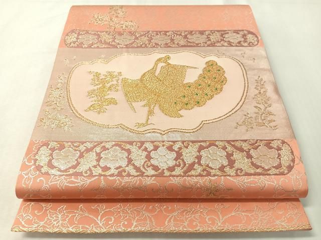 平和屋着物●龍村晋謹製　全通柄袋帯　金色孔雀文錦　金銀糸　正絹　逸品　未使用　CABI4355vp
