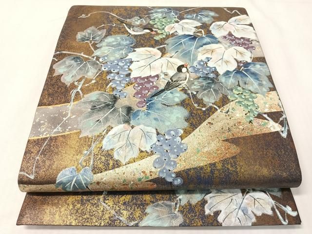 平和屋着物●六通柄袋帯　作家物　手描き　葡萄蔦の葉鳥文　金銀彩　引箔　正絹　逸品　CABI4356vp