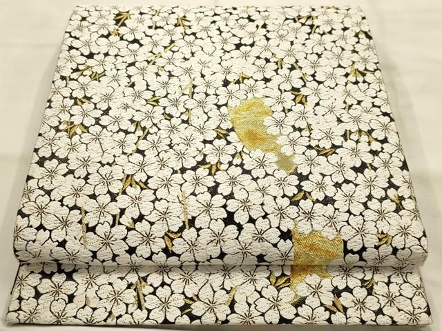 平和屋着物●六通柄袋帯　唐織　舞桜文　黒地　金糸　正絹　逸品　AABJ7489sx