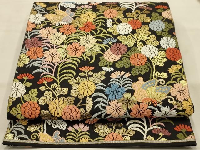 平和屋着物●六通柄袋帯　唐織　花蝶文　黒地　金糸　正絹　逸品　AABJ7512sx