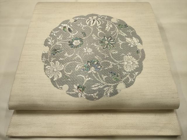 平和屋着物●太鼓柄袋帯　更紗花文　銀糸　正絹　逸品　AABJ7523sx