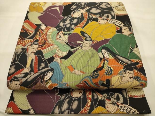 平和屋着物●六通柄袋帯　三十六歌仙図　黒地　金糸　正絹　逸品　AABJ7526sx