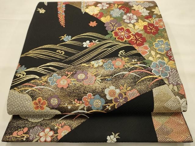 平和屋着物●六通柄袋帯　唐織　慶長桜花文　黒地　金糸　正絹　逸品　AABJ7537sx