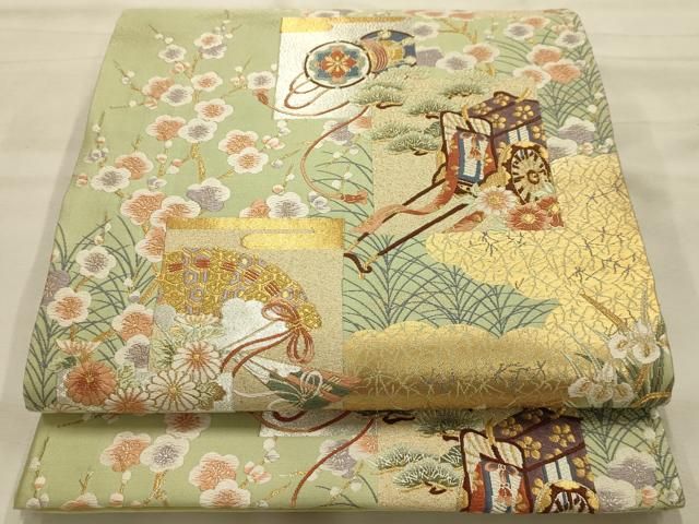 平和屋着物●六通柄袋帯　唐織　風景文　紹巴　金銀糸　正絹　逸品　AABJ7539sx
