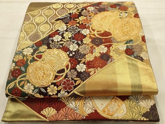 平和屋着物●六通柄袋帯　唐織　吉祥花楽器文　金糸　正絹　逸品　AABJ7549sx