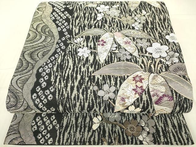 平和屋着物●六通柄袋帯　古代貝紫　笹に枝梅　黒地　金糸　正絹　逸品　DABG0867az