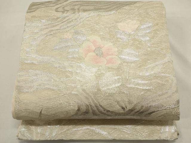 平和屋着物＊夏物　六通柄袋帯　流水草花文　銀糸　正絹　逸品　DABH1632cd