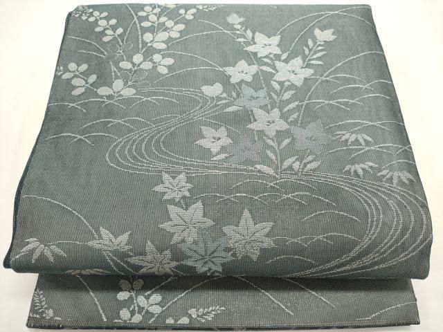 平和屋着物＊夏物　六通柄袋帯　流水草花文　銀糸　正絹　逸品　DABH1645cd