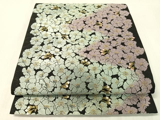 平和屋着物●西陣　津村織物謹製　六通柄袋帯　唐織　花尽くし　黒地　金糸　正絹　逸品　CABI4233vp