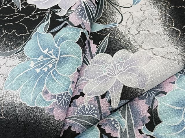 平和屋着物＊夏物　小紋　紅梅織　草花文　黒地　銀糸　洗える着物　CABI3810xi