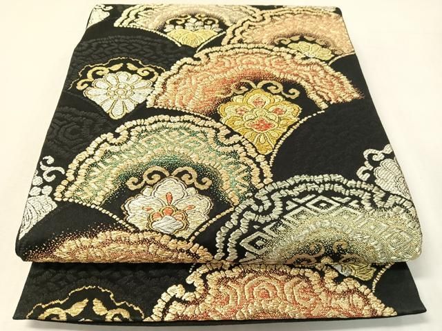 平和屋着物●六通柄袋帯　雪輪青海波花文　黒地　金銀糸　正絹　逸品　CABI4179vp