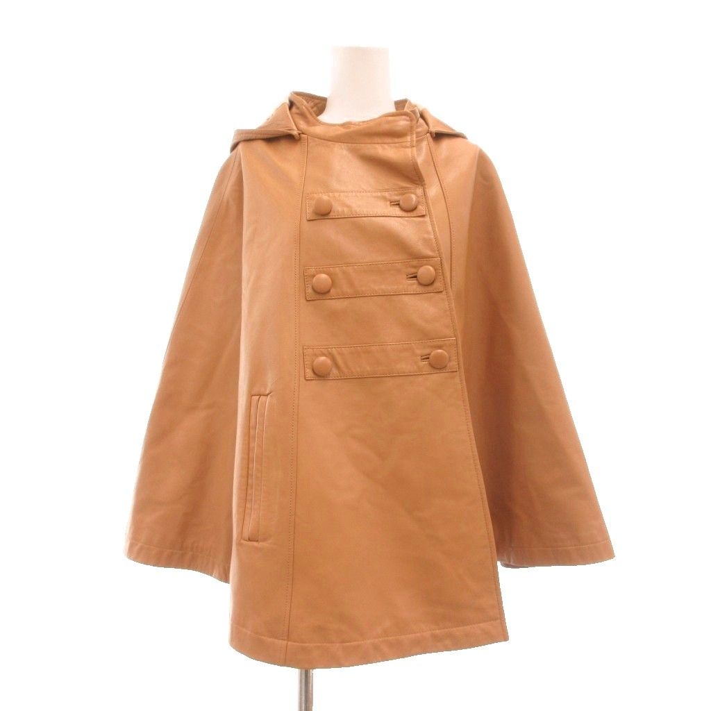 バルマン BALMAIN 美品 フーデッドポンチョコート ラムレザー 羊革 ショート丈 F 茶色 ブラウン /MG ■ECC005
